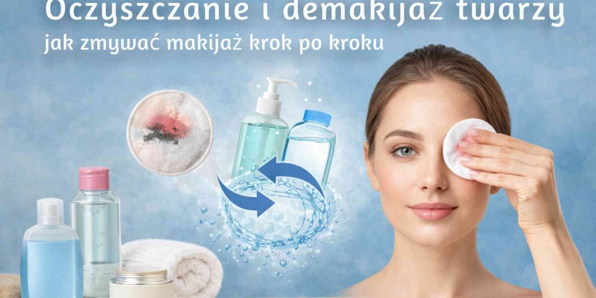 Oczyszczanie i demakijaż twarzy – kobieta z wacikiem przy oku oraz kosmetyki do demakijażu i mycia twarzy.