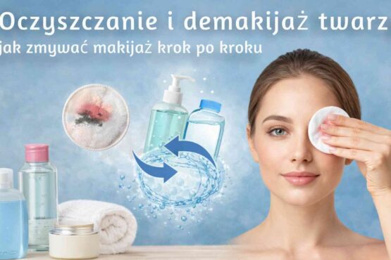 Oczyszczanie i demakijaż twarzy – kobieta z wacikiem przy oku oraz kosmetyki do demakijażu i mycia twarzy.