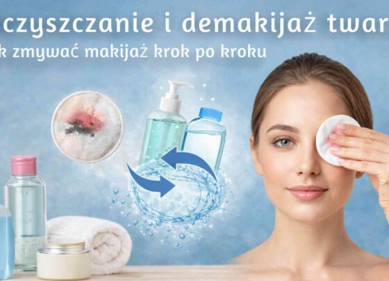Oczyszczanie i demakijaż twarzy – kobieta z wacikiem przy oku oraz kosmetyki do demakijażu i mycia twarzy.