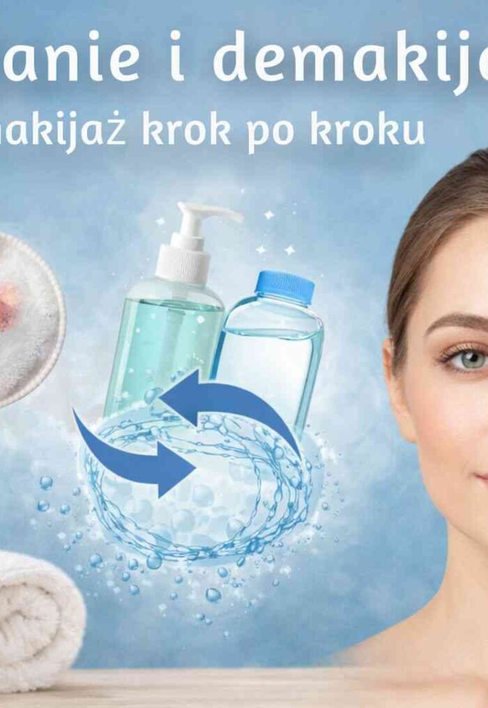 Oczyszczanie i demakijaż twarzy – kobieta z wacikiem przy oku oraz kosmetyki do demakijażu i mycia twarzy.