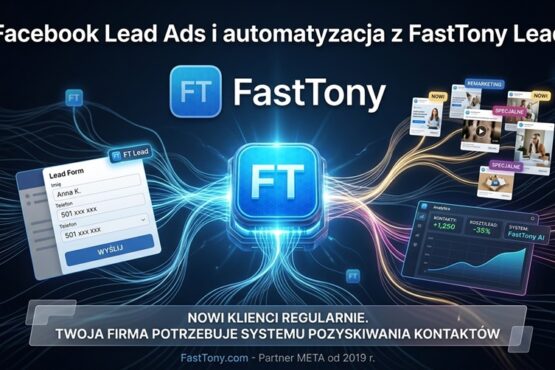 Nowoczesna infografika prezentująca automatyzację Facebook Lead Ads przez system FastTony AI, z widocznym formularzem kontaktowym i panelem analitycznym.