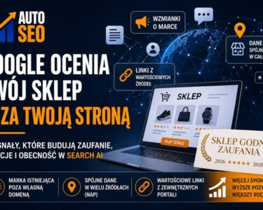 Grafika AutoSEO.pl przedstawiająca wpływ sygnałów zewnętrznych na pozycję sklepu w Google: wzmianki o marce, spójne dane NAP, linki SEO oraz znak Sklep Godny Zaufania.