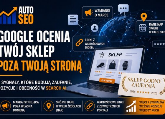 Grafika AutoSEO.pl przedstawiająca wpływ sygnałów zewnętrznych na pozycję sklepu w Google: wzmianki o marce, spójne dane NAP, linki SEO oraz znak Sklep Godny Zaufania.