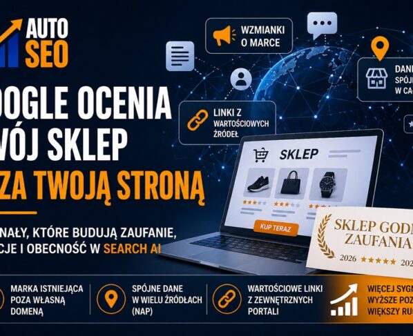 Grafika AutoSEO.pl przedstawiająca wpływ sygnałów zewnętrznych na pozycję sklepu w Google: wzmianki o marce, spójne dane NAP, linki SEO oraz znak Sklep Godny Zaufania.