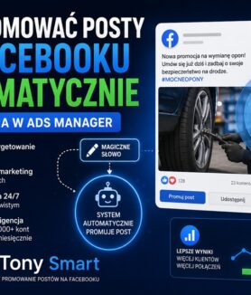 Grafika promująca automatyczne promowanie postów na Facebooku z wykorzystaniem FastTony Smart. Na grafice widoczny interfejs posta Facebooka, mapa targetowania reklam oraz hasła dotyczące automatyzacji Meta Ads bez używania Ads Managera.