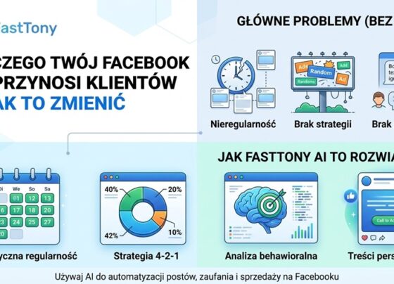 Infografika marketingowa FastTony porównująca problemy z prowadzeniem Facebooka bez AI z rozwiązaniami FastTony AI. Pokazuje problemy: Nieregularność, Brak strategii, Brak perswazji, oraz rozwiązania AI: Automatyczna regularność, Strategia 4-2-1, Analiza behawioralna, Treści perswazyjne. Zawiera nagłówek: Dlaczego Twój Facebook nie przynosi klientów - I jak to zmienić.