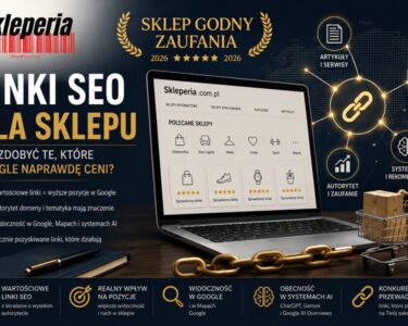 Grafika przedstawiająca koncepcję link buildingu dla sklepu internetowego — laptop z katalogiem sklepów Skleperia.com.pl, złoty łańcuch symbolizujący linki SEO, ikonę sztucznej inteligencji oraz znak „Sklep Godny Zaufania” na eleganckim granatowo-złotym tle.
