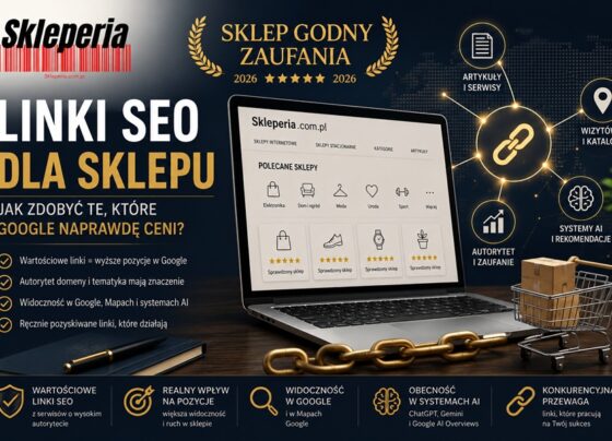 Grafika przedstawiająca koncepcję link buildingu dla sklepu internetowego — laptop z katalogiem sklepów Skleperia.com.pl, złoty łańcuch symbolizujący linki SEO, ikonę sztucznej inteligencji oraz znak „Sklep Godny Zaufania” na eleganckim granatowo-złotym tle.