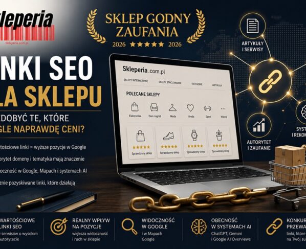 Grafika przedstawiająca koncepcję link buildingu dla sklepu internetowego — laptop z katalogiem sklepów Skleperia.com.pl, złoty łańcuch symbolizujący linki SEO, ikonę sztucznej inteligencji oraz znak „Sklep Godny Zaufania” na eleganckim granatowo-złotym tle.