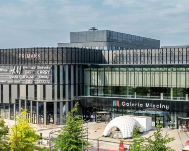 Widok z lotu ptaka na Galerię Młociny w Warszawie z placem Summer Fest
